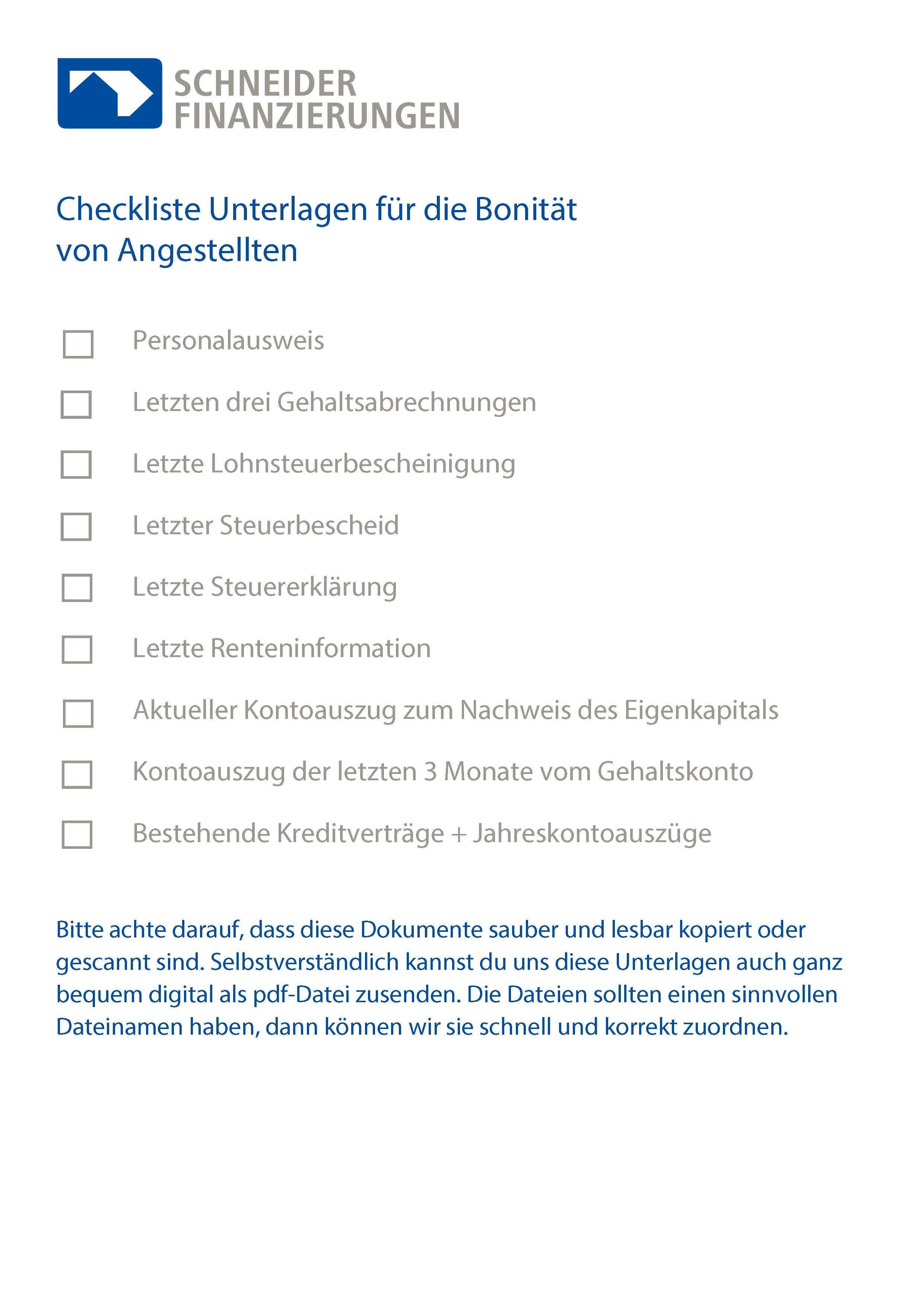 Checkliste Unterlagen Bonität von Angestellten