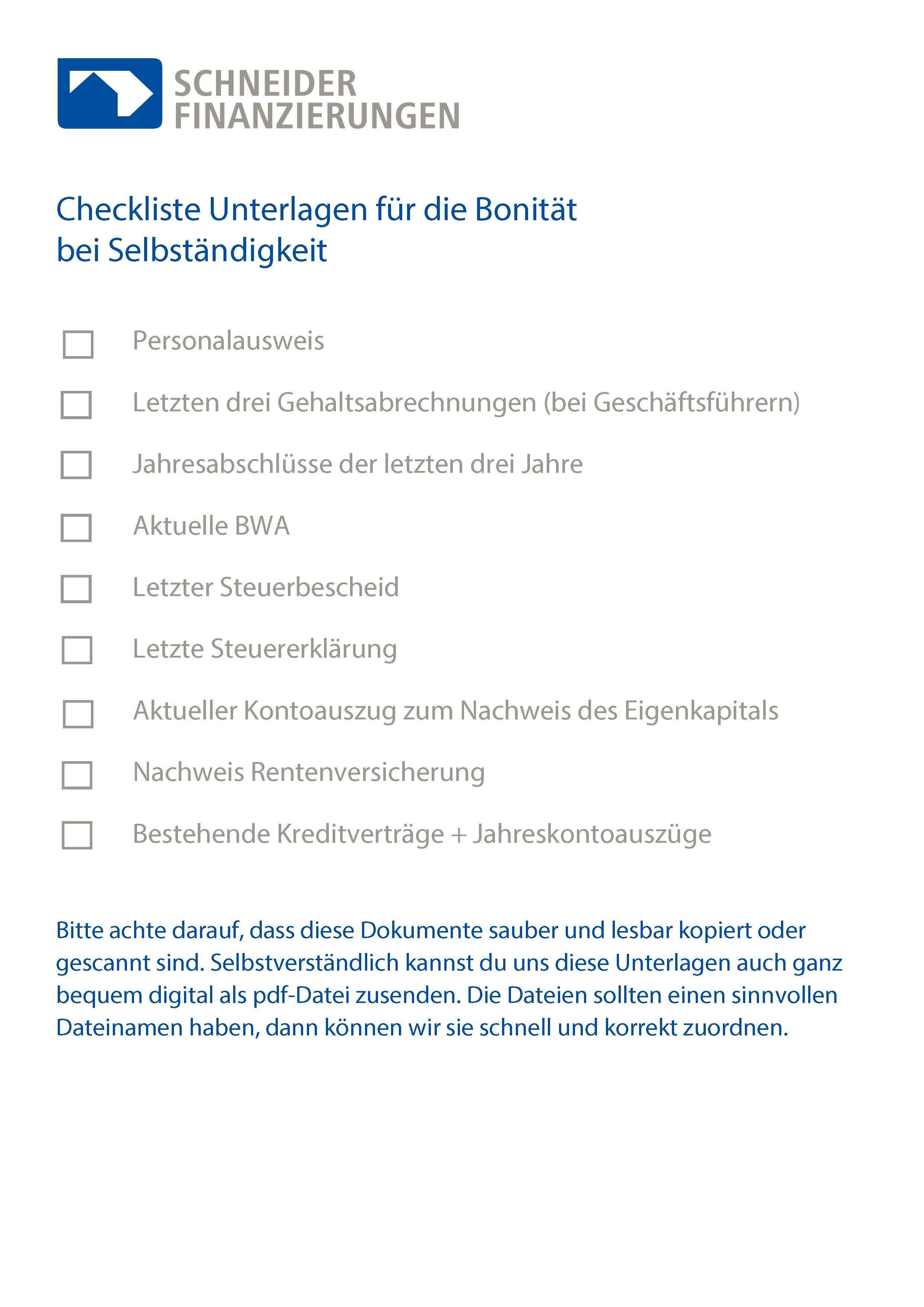 Checkliste Unterlagen Bonität bei Selbständigkeit