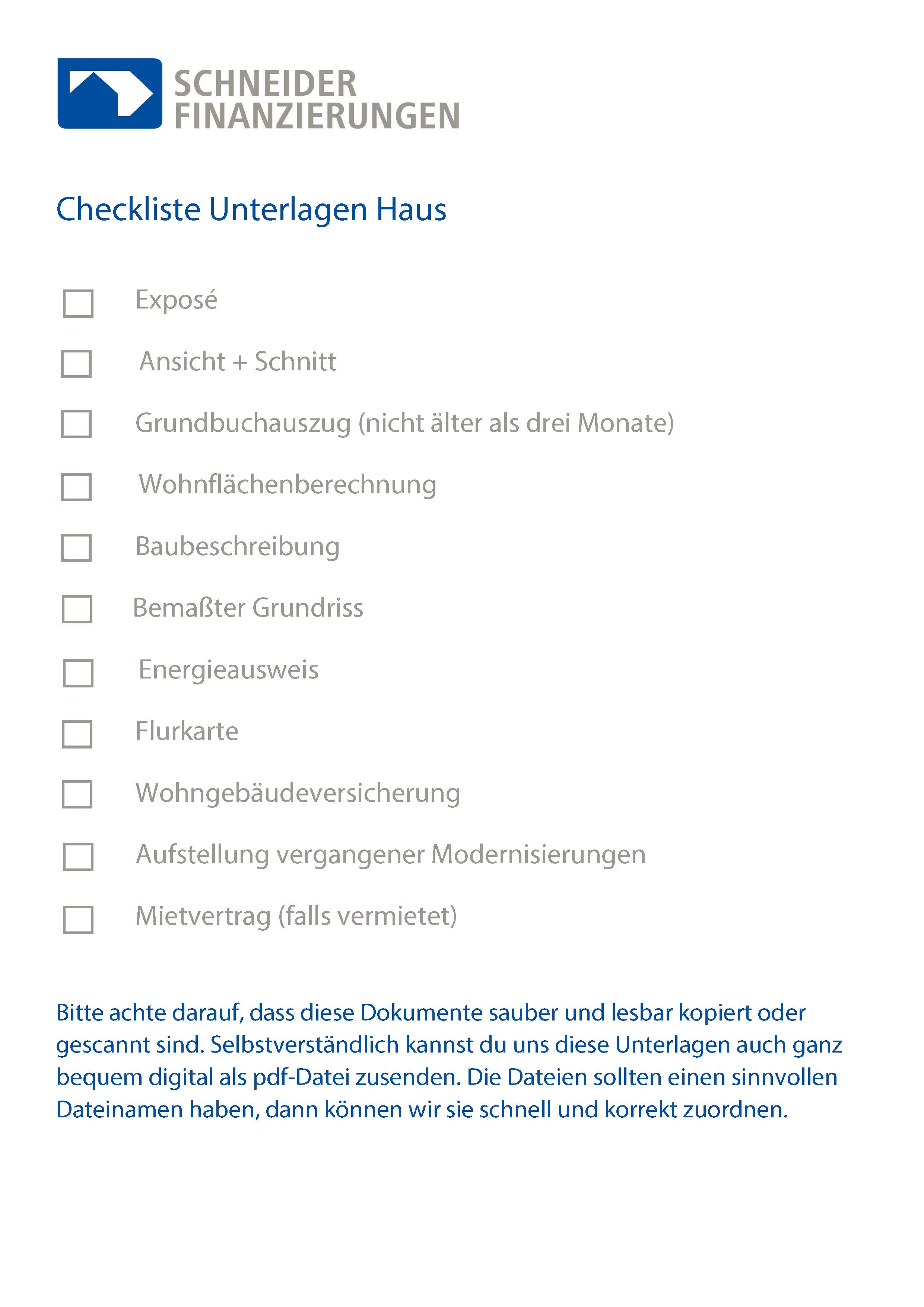 Checkliste Unterlagen Baufinanzierung Haus