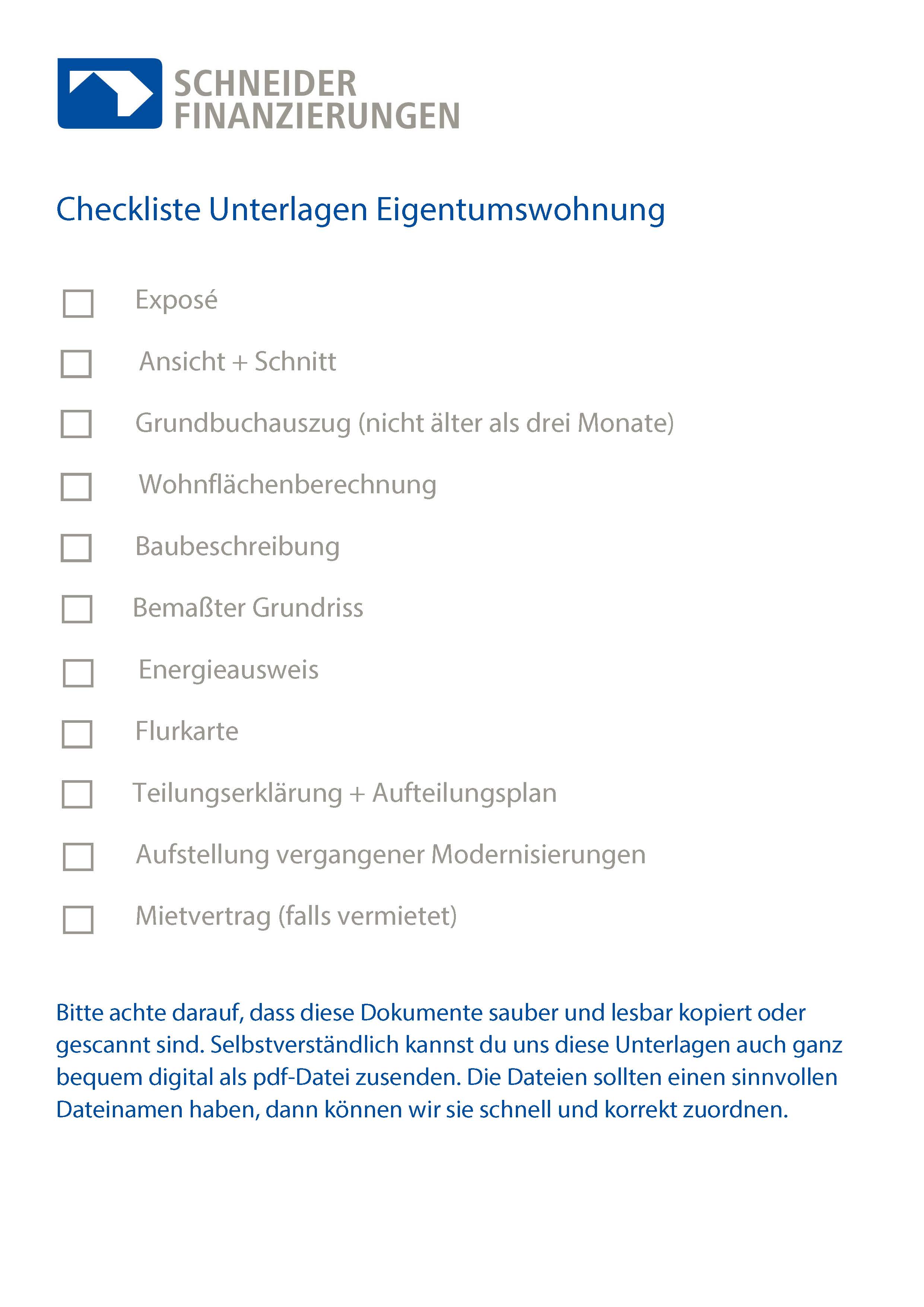 Checkliste Unterlagen Baufinanzierung Eigentumswohnung