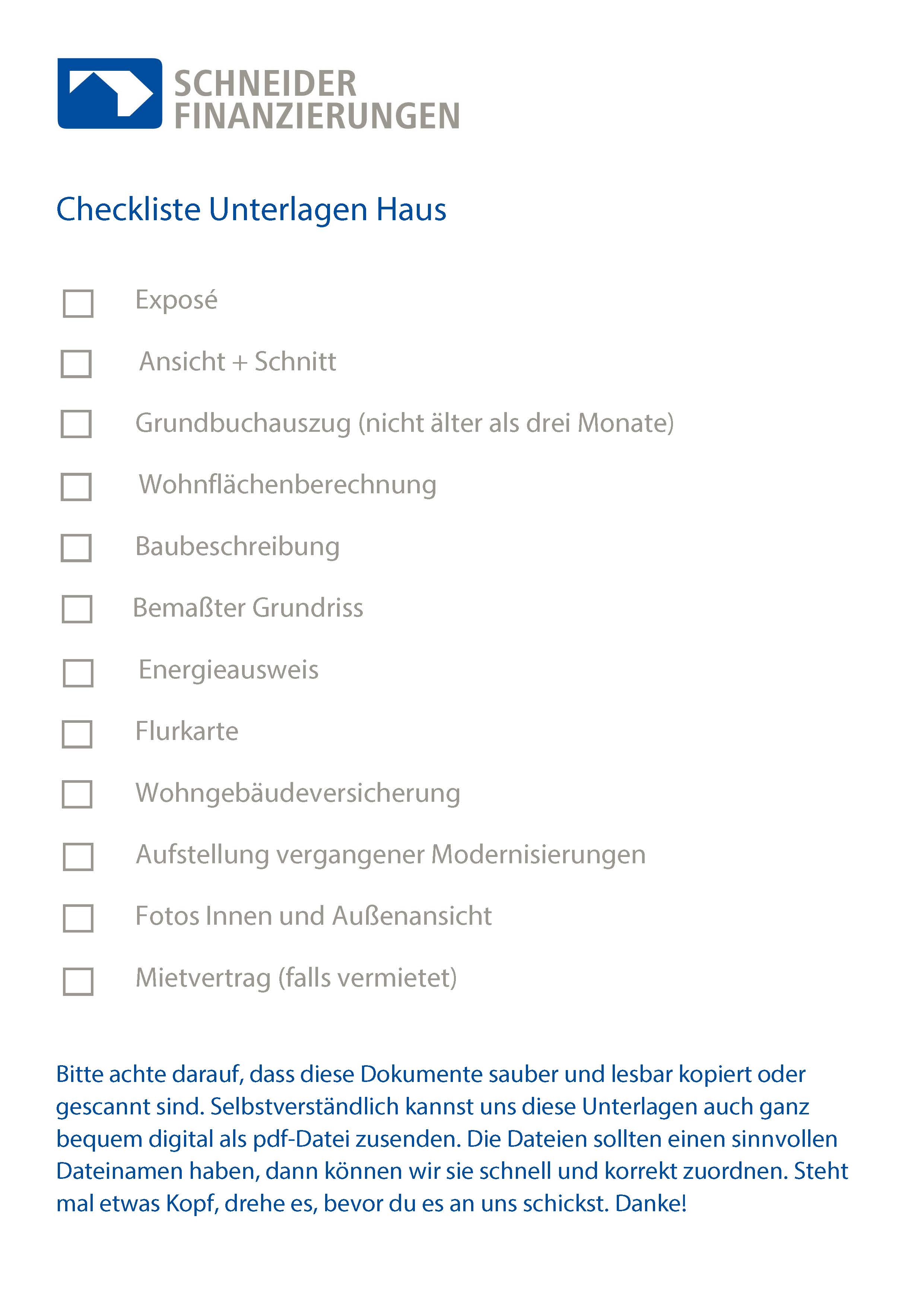 Checkliste Unterlagen Baufinanzierung Haus