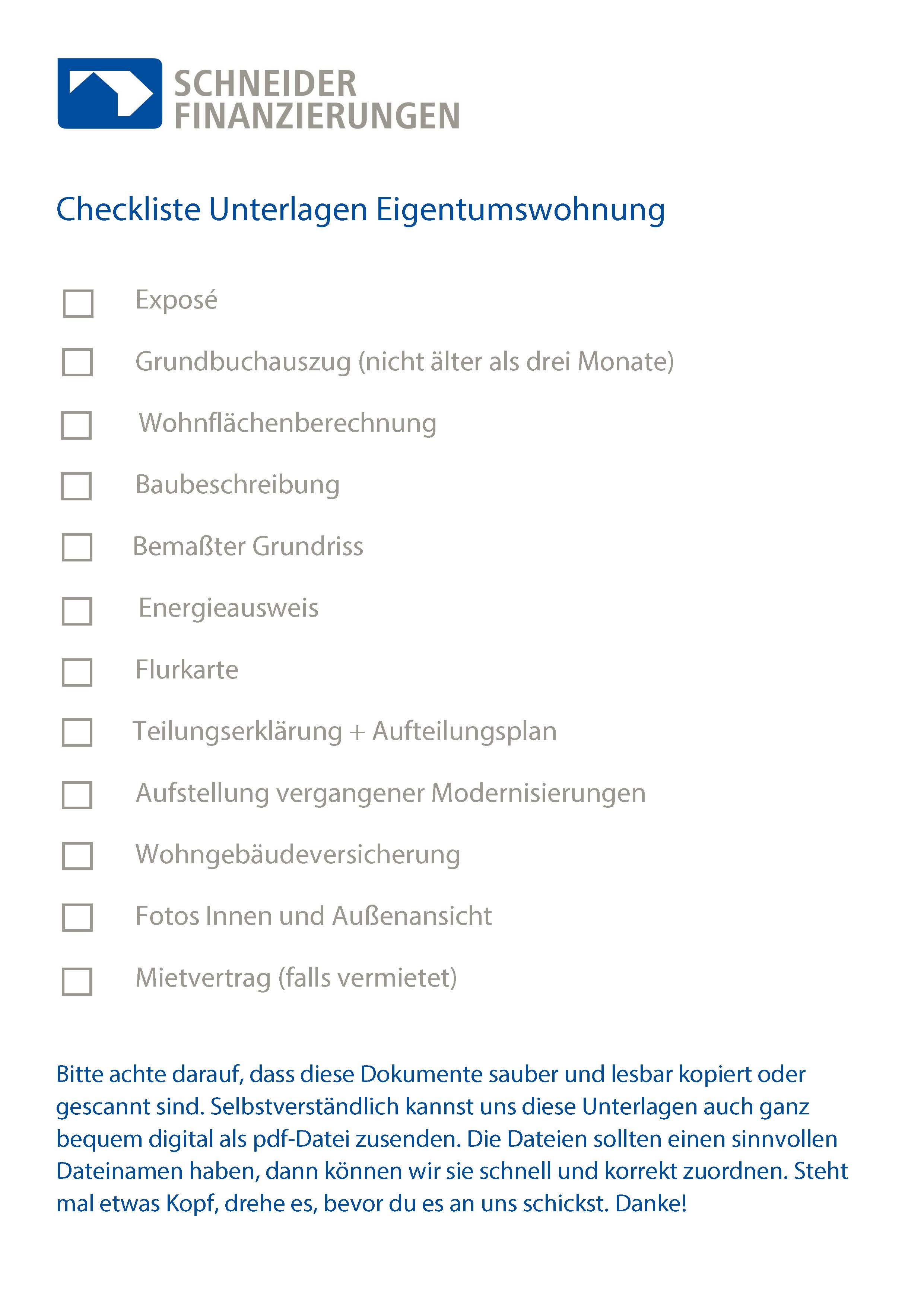 Checkliste Unterlagen Baufinanzierung Eigentumswohnung