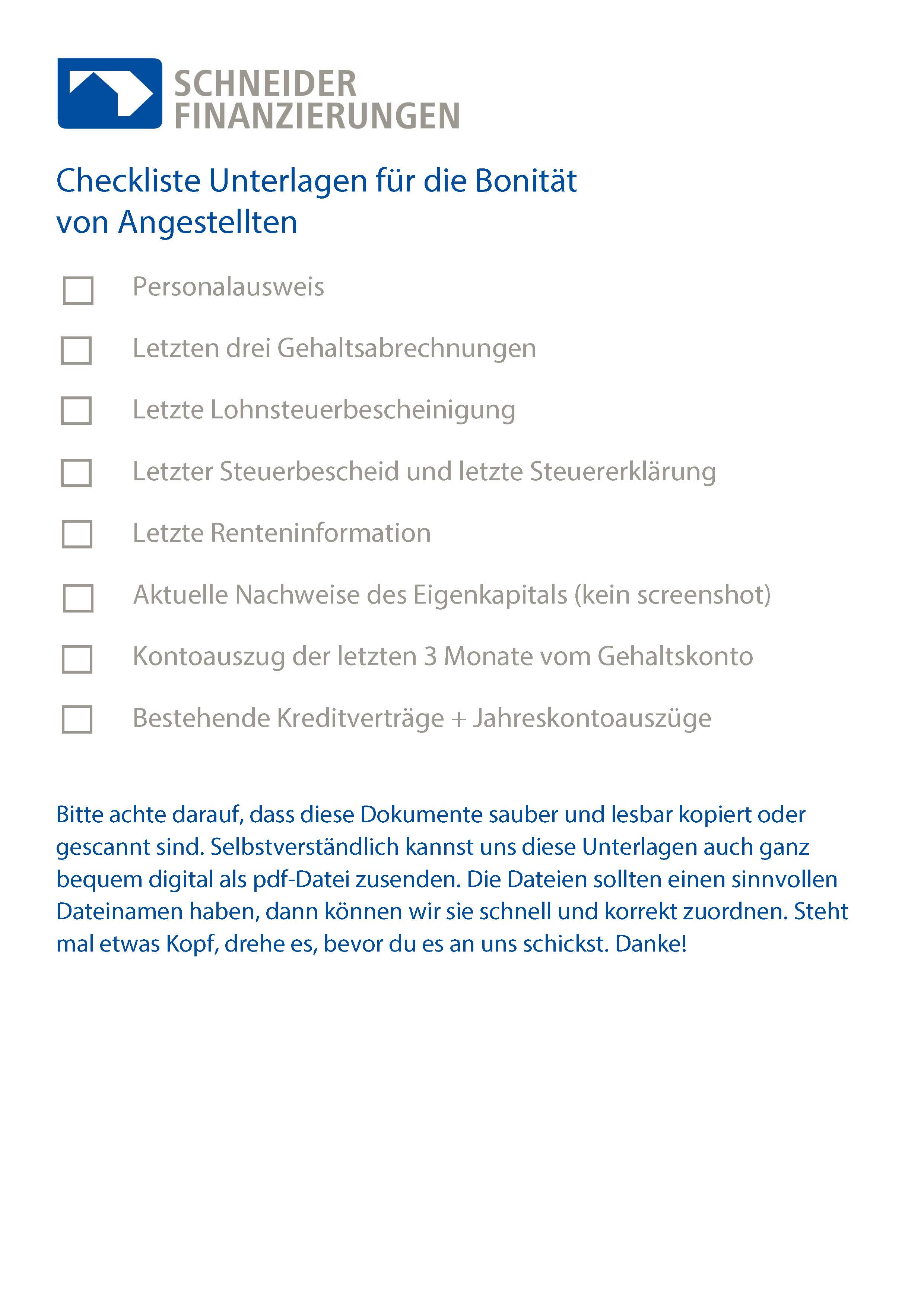 Checkliste Unterlagen Bonität von Angestellten