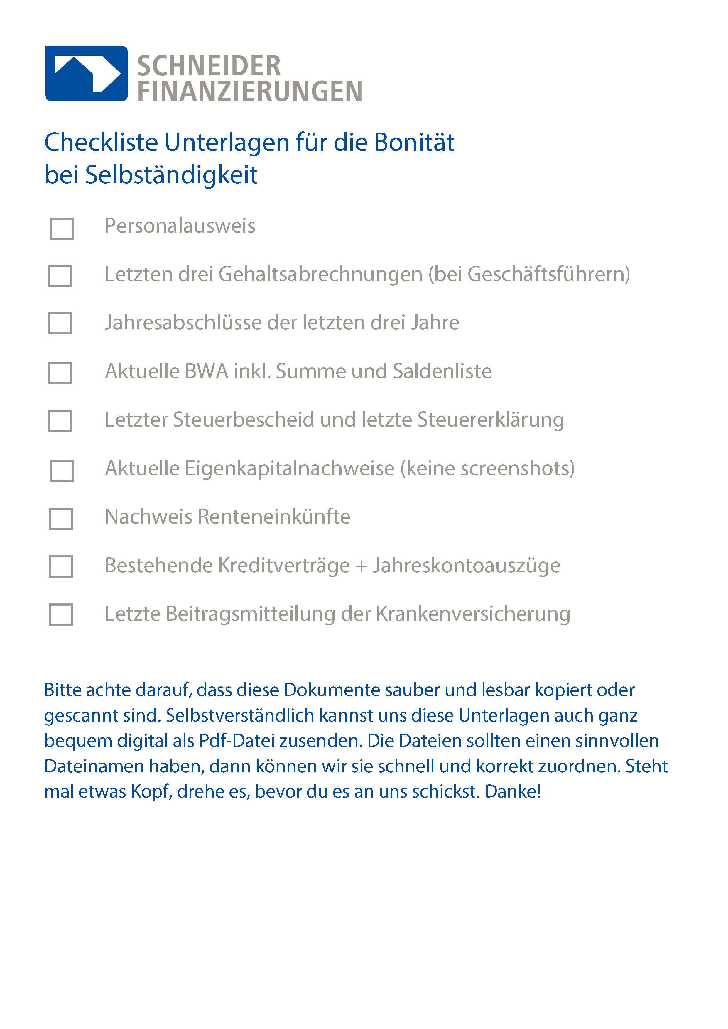 Checkliste Unterlagen Bonität bei Selbständigkeit