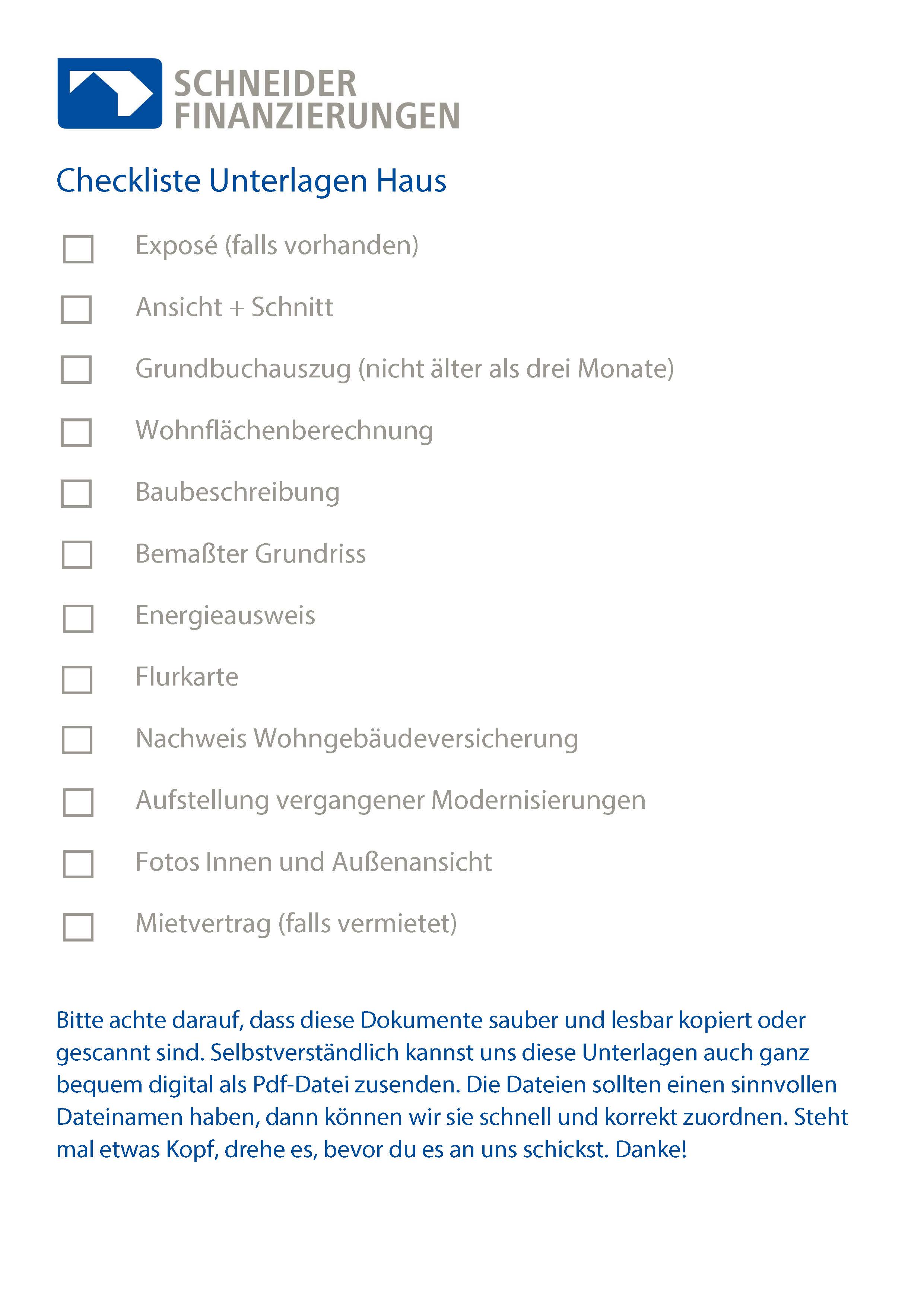 Checkliste Unterlagen Baufinanzierung Haus