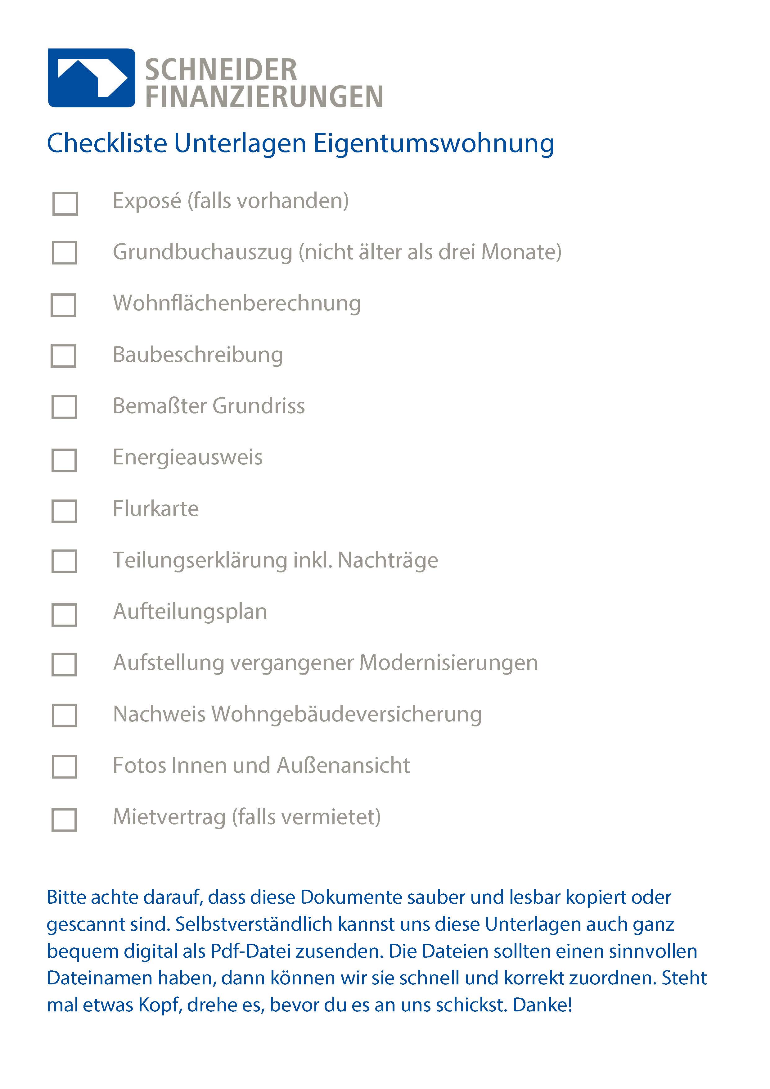 Checkliste Unterlagen Baufinanzierung Eigentumswohnung