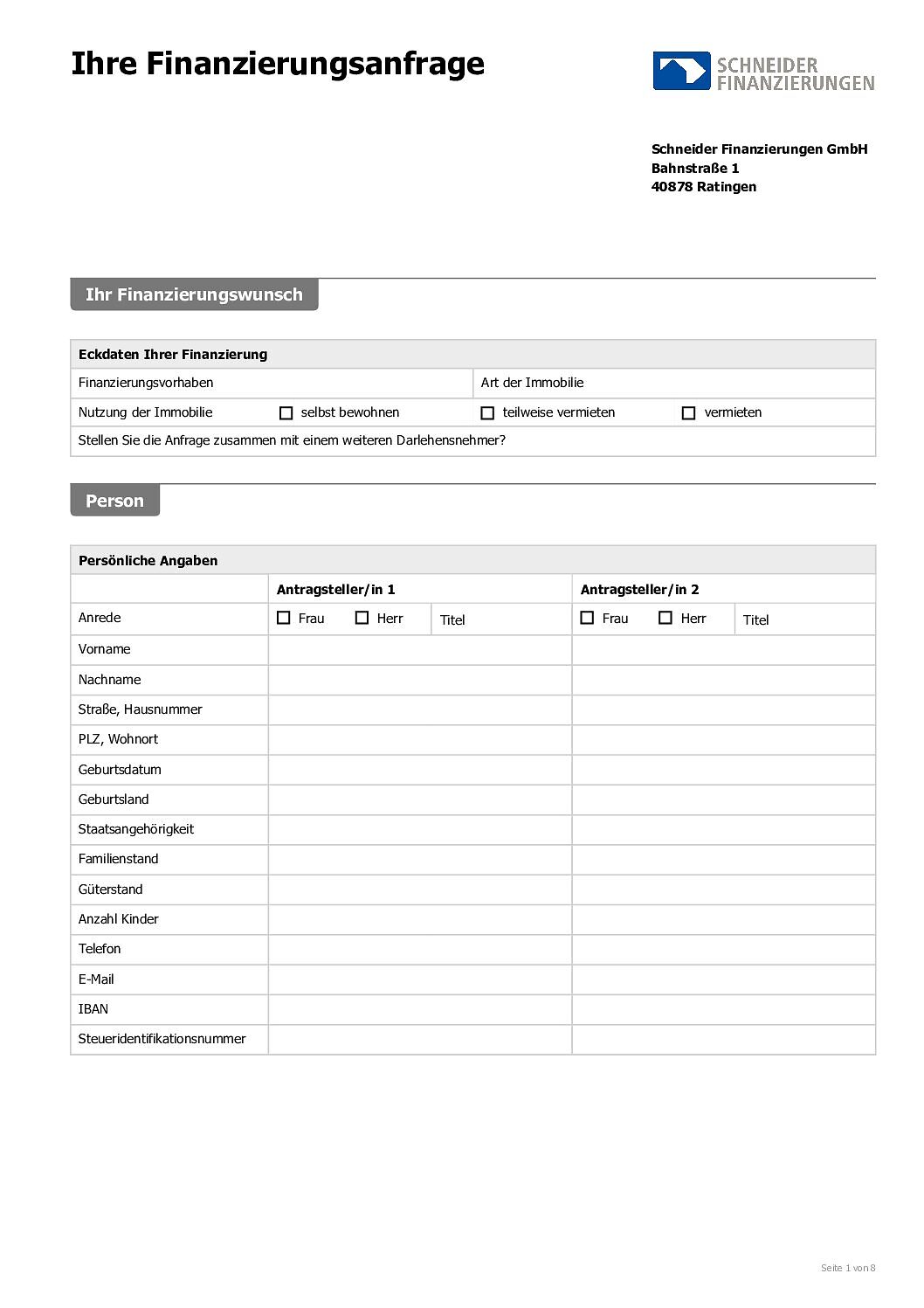 Formular Finanzierungsanfrage