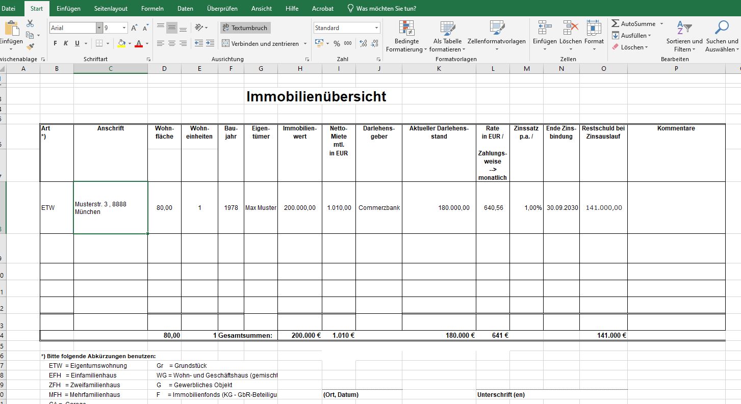 Tabellenvorlage zur Immobilienübersicht